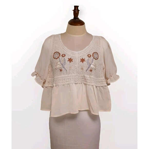 Unbranded Tops - NWT Baby Doll Korean Boho Sheer Crochet Top/Blouse with Embroidery for Women-S